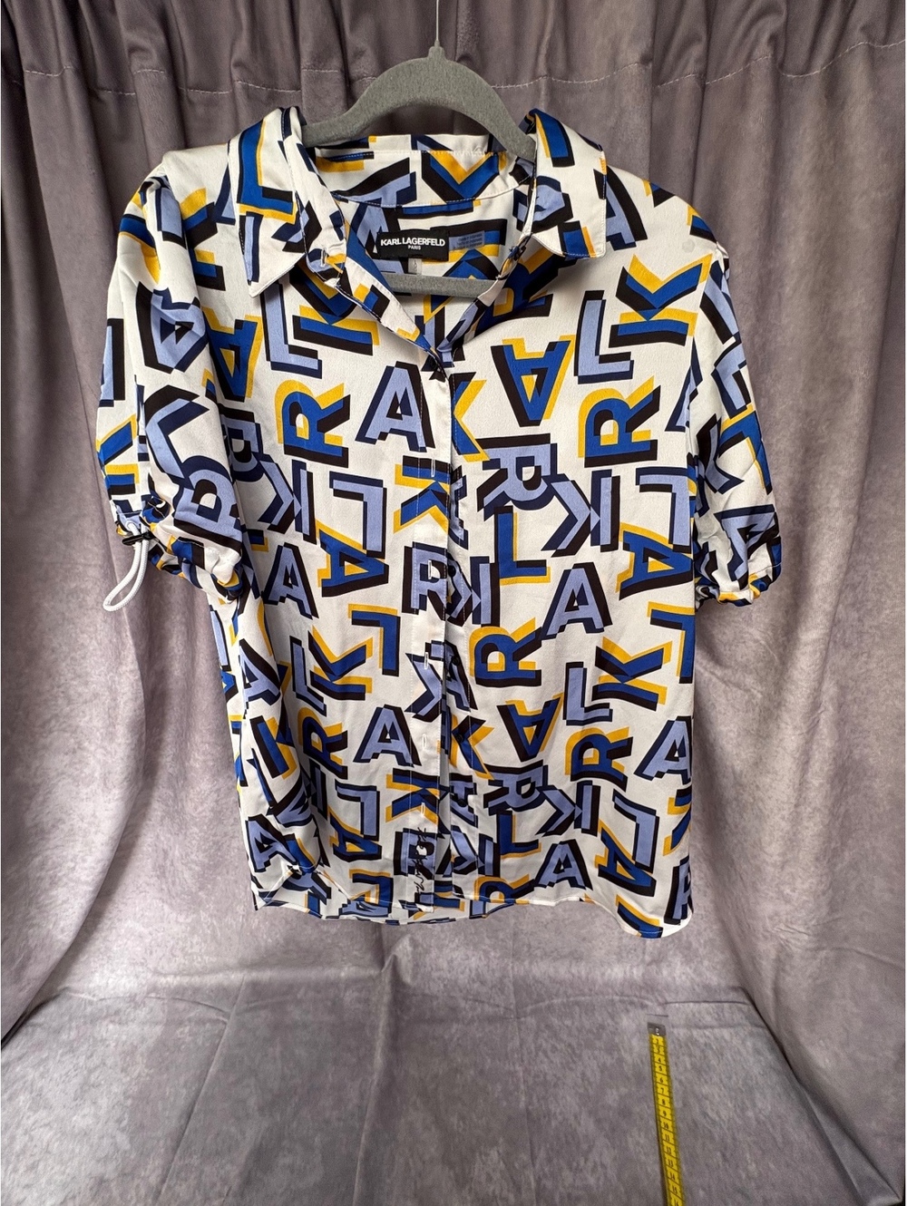 Karl Lagerfeld Paris Large Abstract Logo Print Button Front Blouse Blue Gold